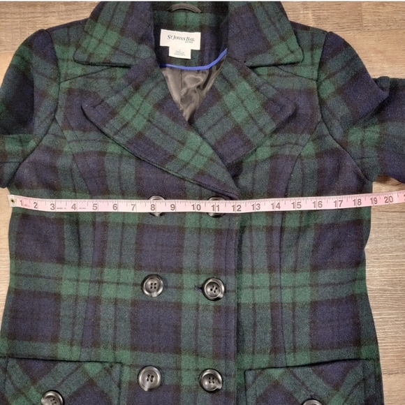 St John's Bay Wool Blend Peacoat Blue Green Plaid Size S Small Lined Pea Coat - Picture 9 of 12